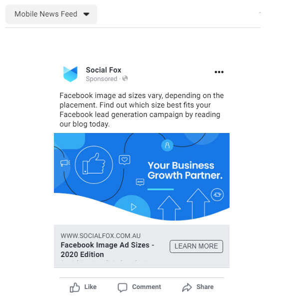 Example Facebook Ad Post - Facebook Ad Image Sizes in 2020 - Social Fox
